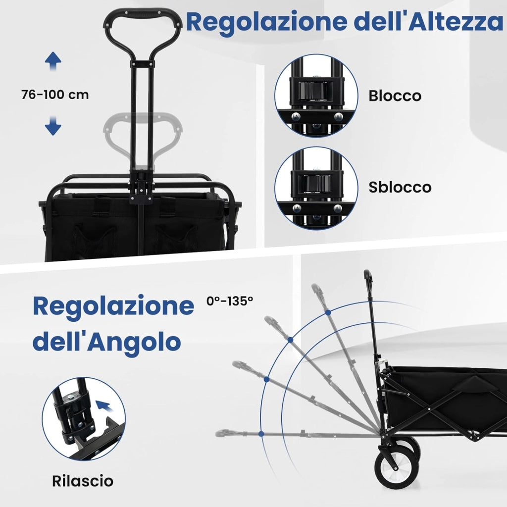 Carrello da Spiaggia Pieghevole, Carrello con Ruote Portatutto con Maniglia Regolabile, 2 Tasche a Rete e Portabicchieri, Carretto Giardino Portatile per Campeggio, Shopping e Mare (Nero)