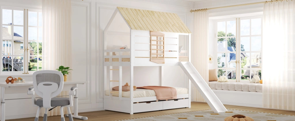 Letto a castello a forma di casa 90x200 cm con scivolo e 2 cassetti, colore bianco e naturale