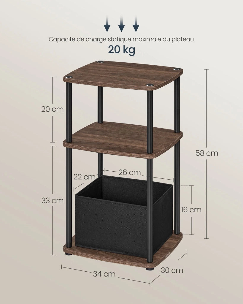 Tavolino comodino 3 ripiani cesto in tessuto per camera da letto soggiorno struttura in acciaio 30 x 34 x 58 cm moderno marrone 12_0006091