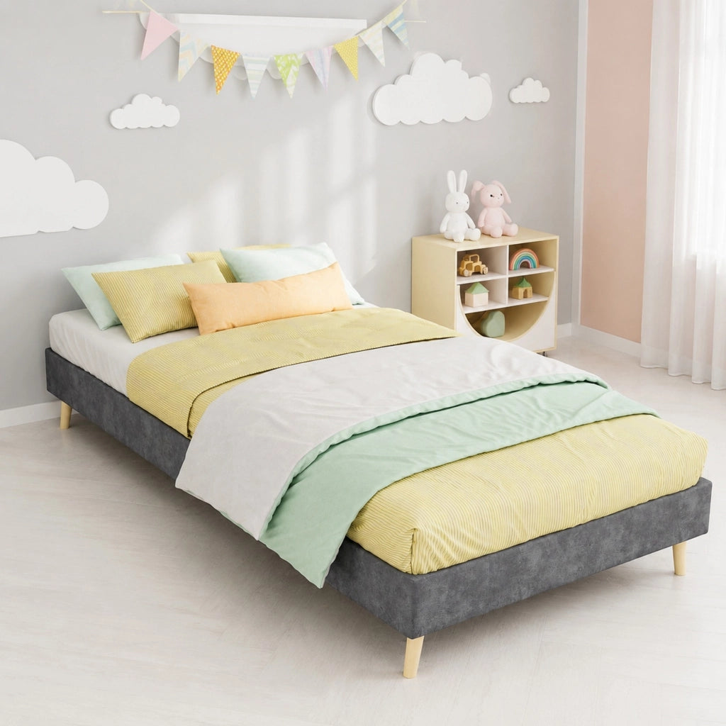 Struttura Letto Singolo 90x200 cm Grigio in Tessuto e Metallo, Design Senza Testiera, Salvaspazio