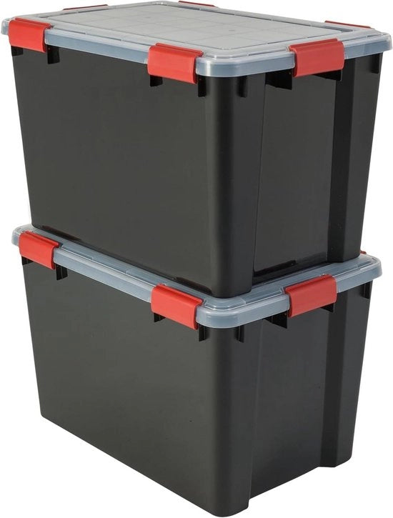 Set di contenitori aerei con chiusura a clip, stivellabili, garage, cantina, soffitta - Set di 2 - 70L - 59 x 39 x 38 cm - Nero