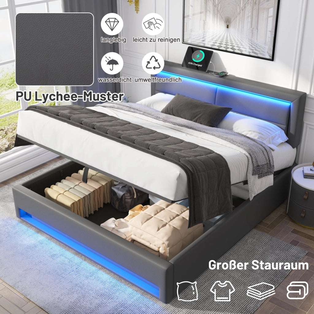 Letto imbottito 140x190 cm con LED, USB e ricarica wireless grigio