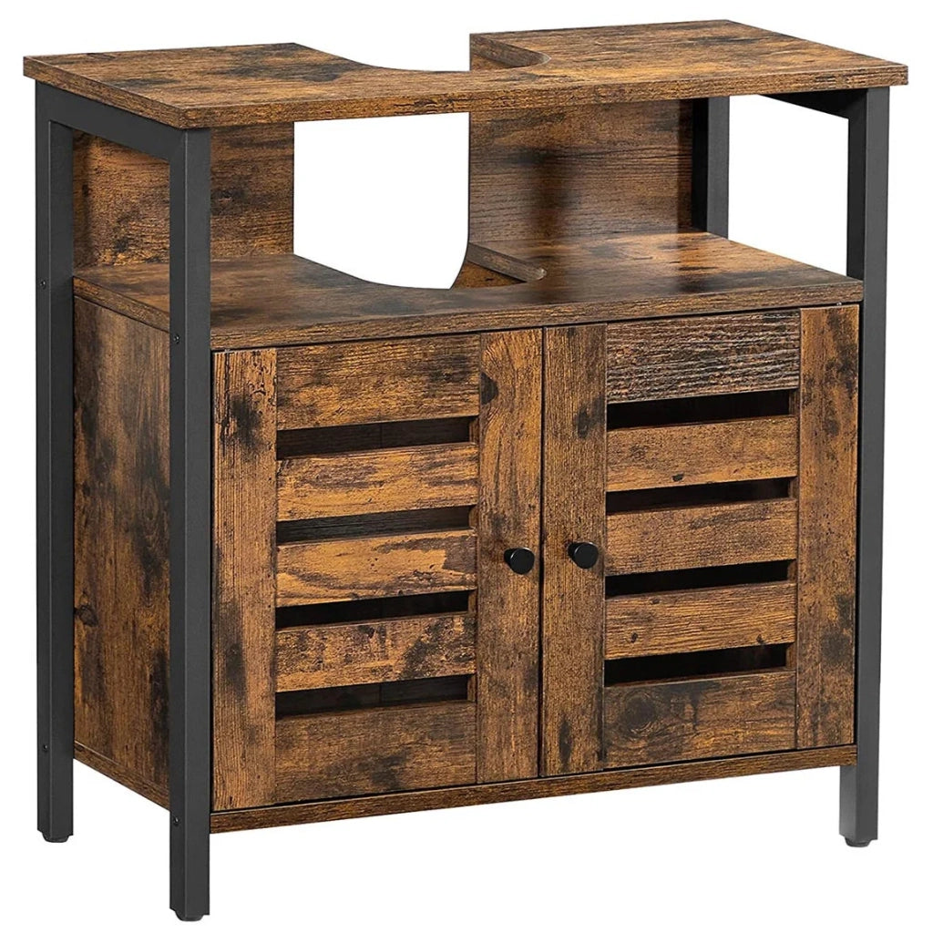 Mobiletto portaoggetti per il bagno 60 x 30 x 60 cm con struttura in acciaio ante a persiana ripiano regolabile stile industriale marrone rustico e nero 12_0002742