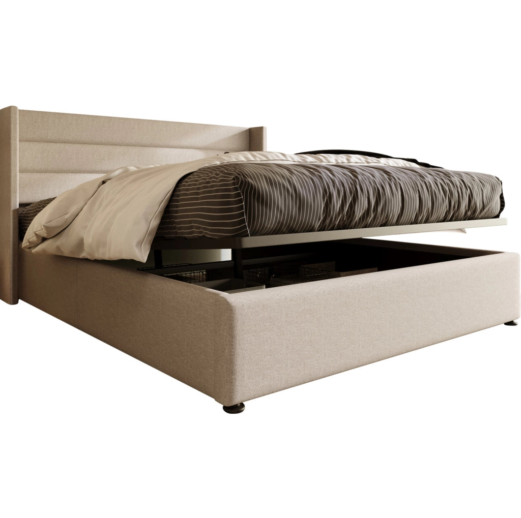 Letto matrimoniale contenitore 160x200 cm con testiera imbottita in lino; beige