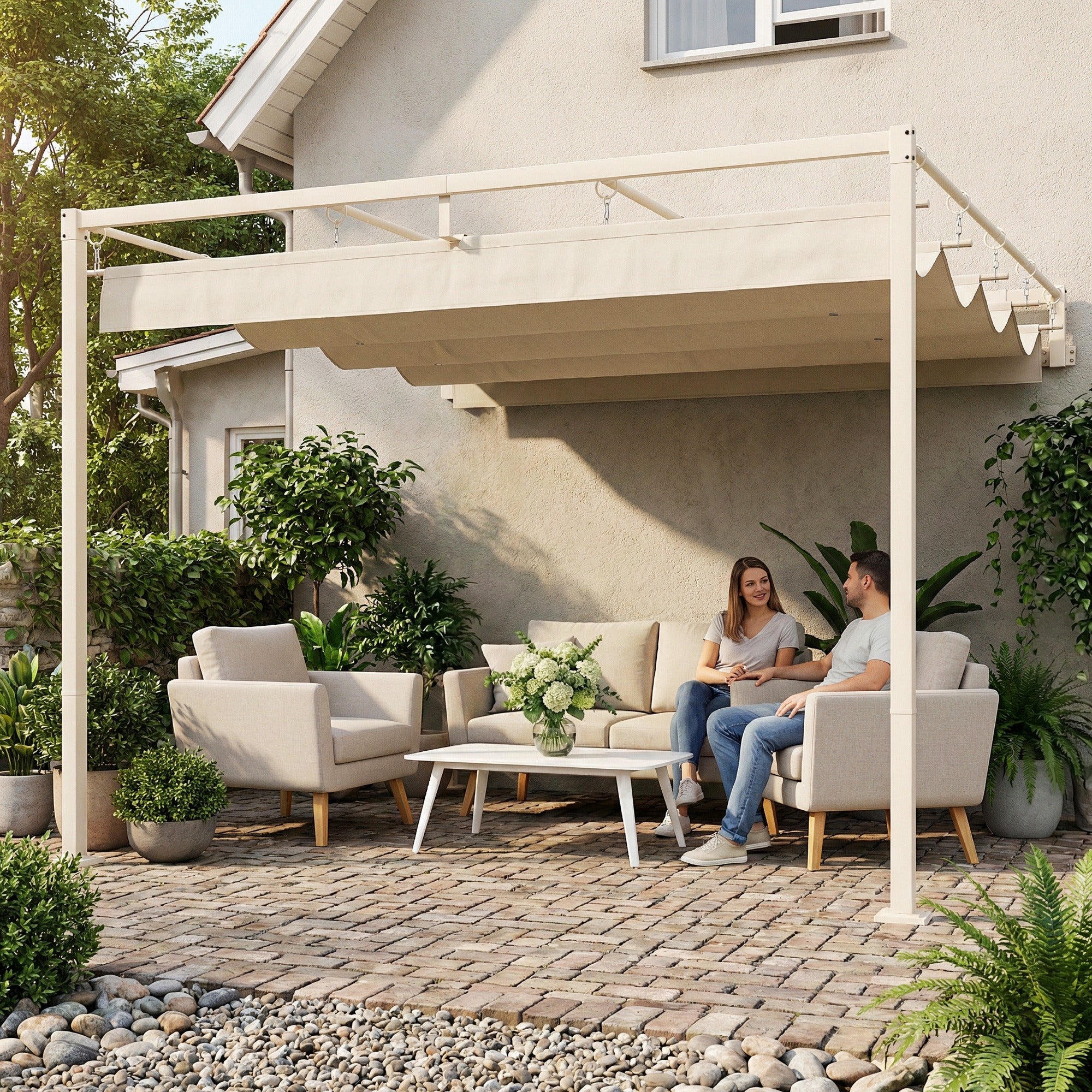 Pergola Addossata 3x3 m con Tetto Retrattile Scorrevole UV30+ e Fori di Drenaggio Beige