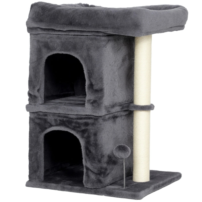 Albero tiragraffi compatto per gatti con 2 cucce, piattaforma e pallina, grigio scuro