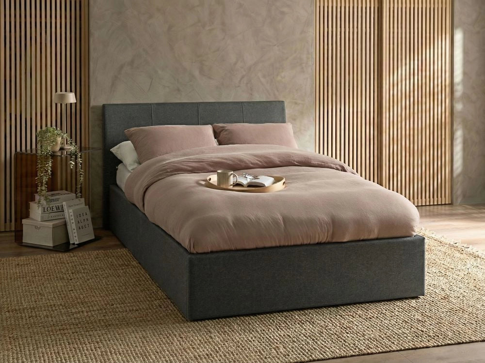 Letto matrimoniale Imbottito in Tessuto grigio con testiera e contenitore 120 x 200 cm stile elegante
