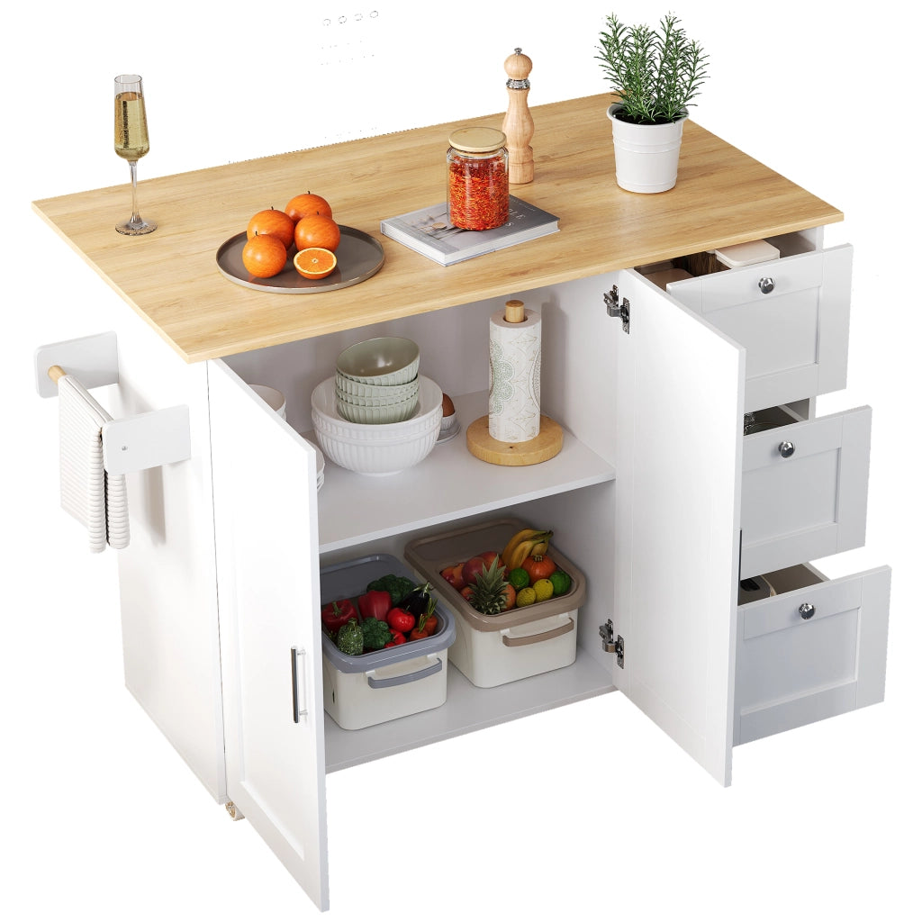 Carrello cucina mobile con piano pieghevole 135x44(70)x90 cm, 3 cassetti, armadietto a 2 ante, bianco/naturale