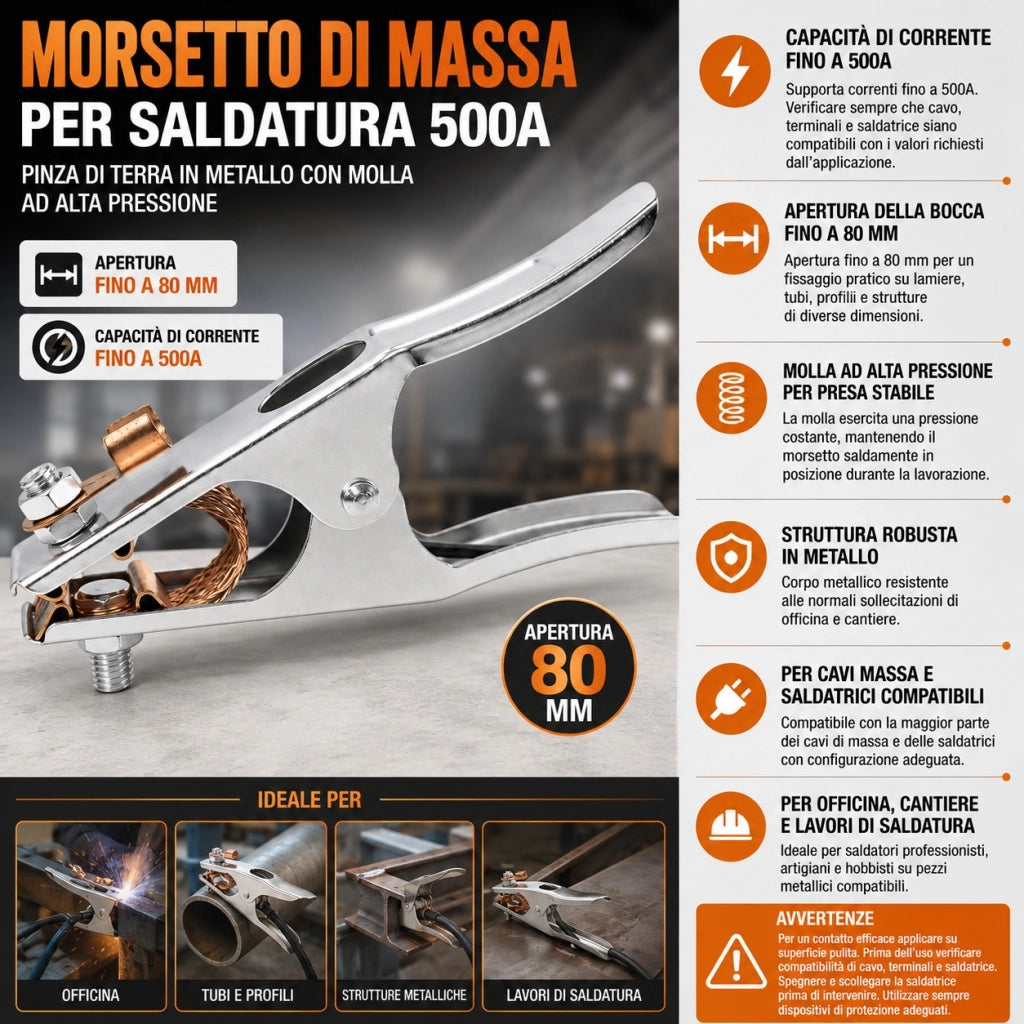 Morsetto Massa Saldatura 500A Apertura 80 mm Pinza di Terra 451050