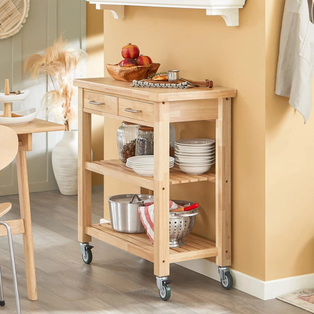 Carrello da Cucina con Ruote, Mobile Cucina Salvaspazio in Legno Massiccio di Hevea – Mobile Soggiorno Credenza con 2 Cassetti e 2 Ripiani 80x40x90 cm FKW24-II-N