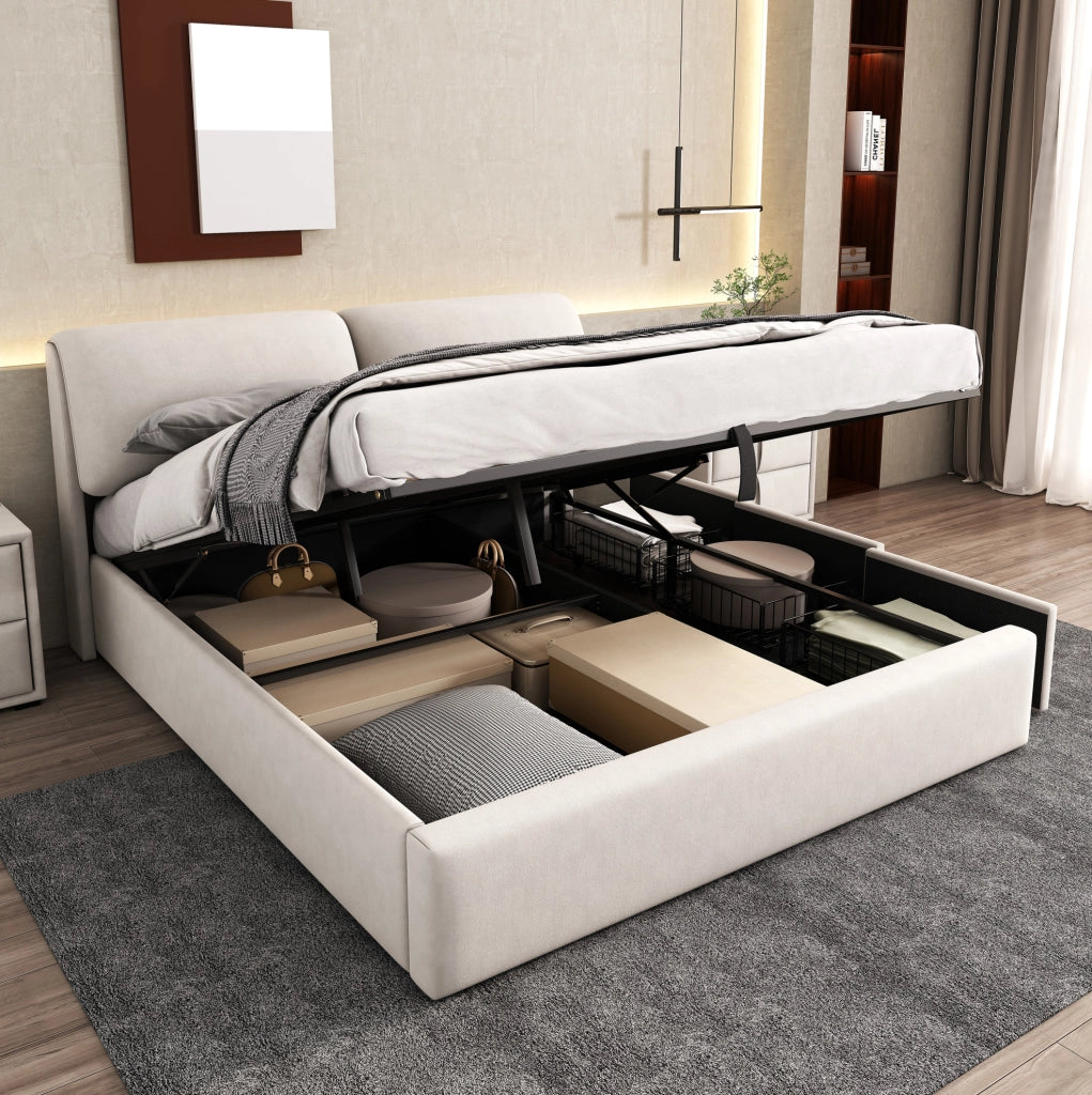 Letto imbottito 160x200 cm con 3 cassetti; contenitore idraulico e testiera regolabile; velluto beige