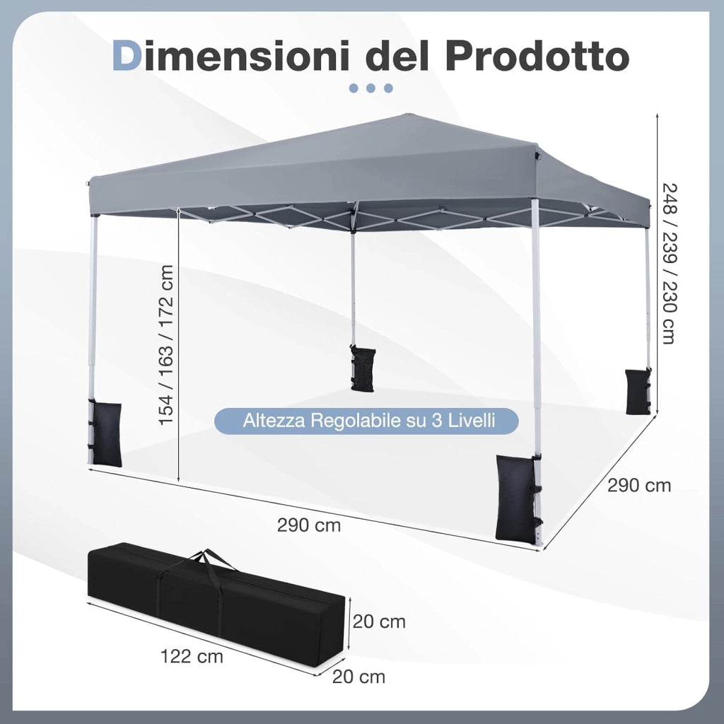 Gazebo da Esterno Pieghevole 290 x 290 cm, Gazebo Pop up con 4 Sacchi di Sabbia e Borsa da Trasporto, Regolabile in Altezza, Telaio Robusto in Metallo, per Mercato, Campeggio (Grigio)