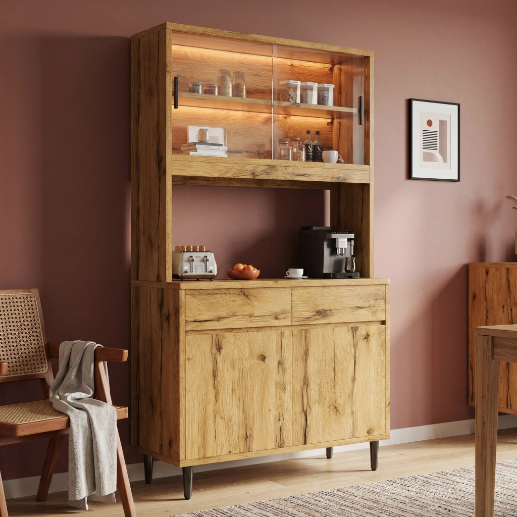 Credenza alta da soggiorno e sala da pranzo 100x40x185 cm, con illuminazione LED RGB, prese integrate e ante in vetro, colore rovere