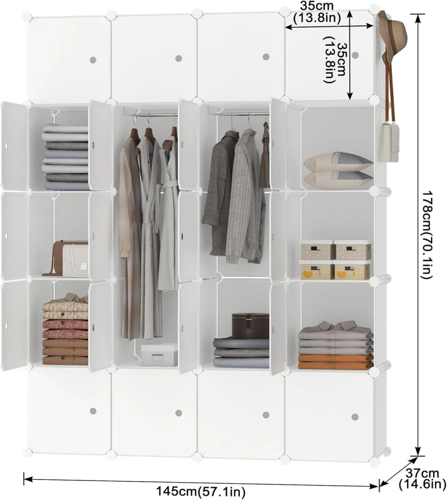 Armadio bianco con sistema di scaffalatura, 20 cubi, armadio guardaroba fai da te in plastica con porta, sistema di scaffalatura, 145 cm di larghezza