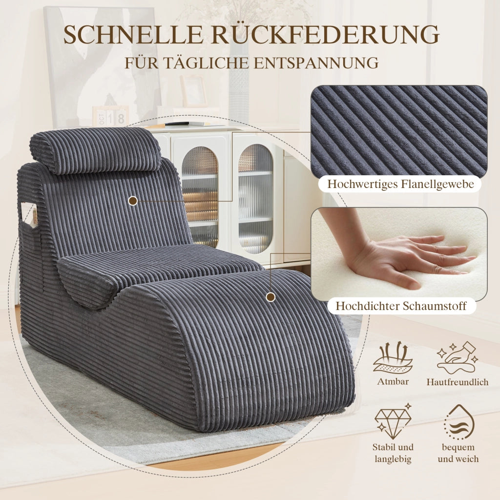 Poltrona relax ergonomica con tasca laterale e cuscino rimovibile design compatto in velluto a coste grigio scuro
