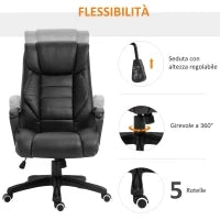 Poltrona Massaggiante da Ufficio a 6 Punti con Altezza Regolabile, in Similpelle Nera, 66x78x112-120 cm