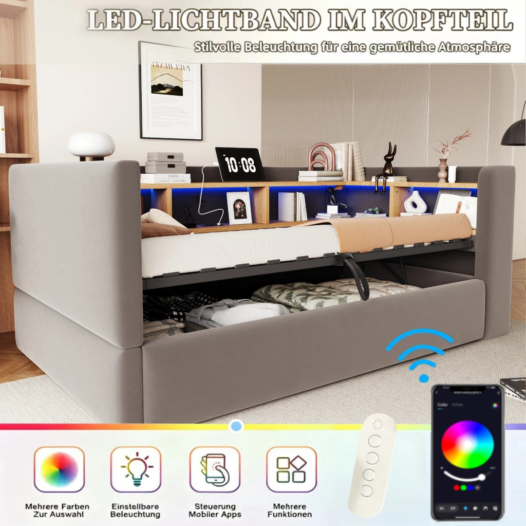 Divano letto 90x190 cm con vano contenitore idraulico; LED e prese; grigio scuro
