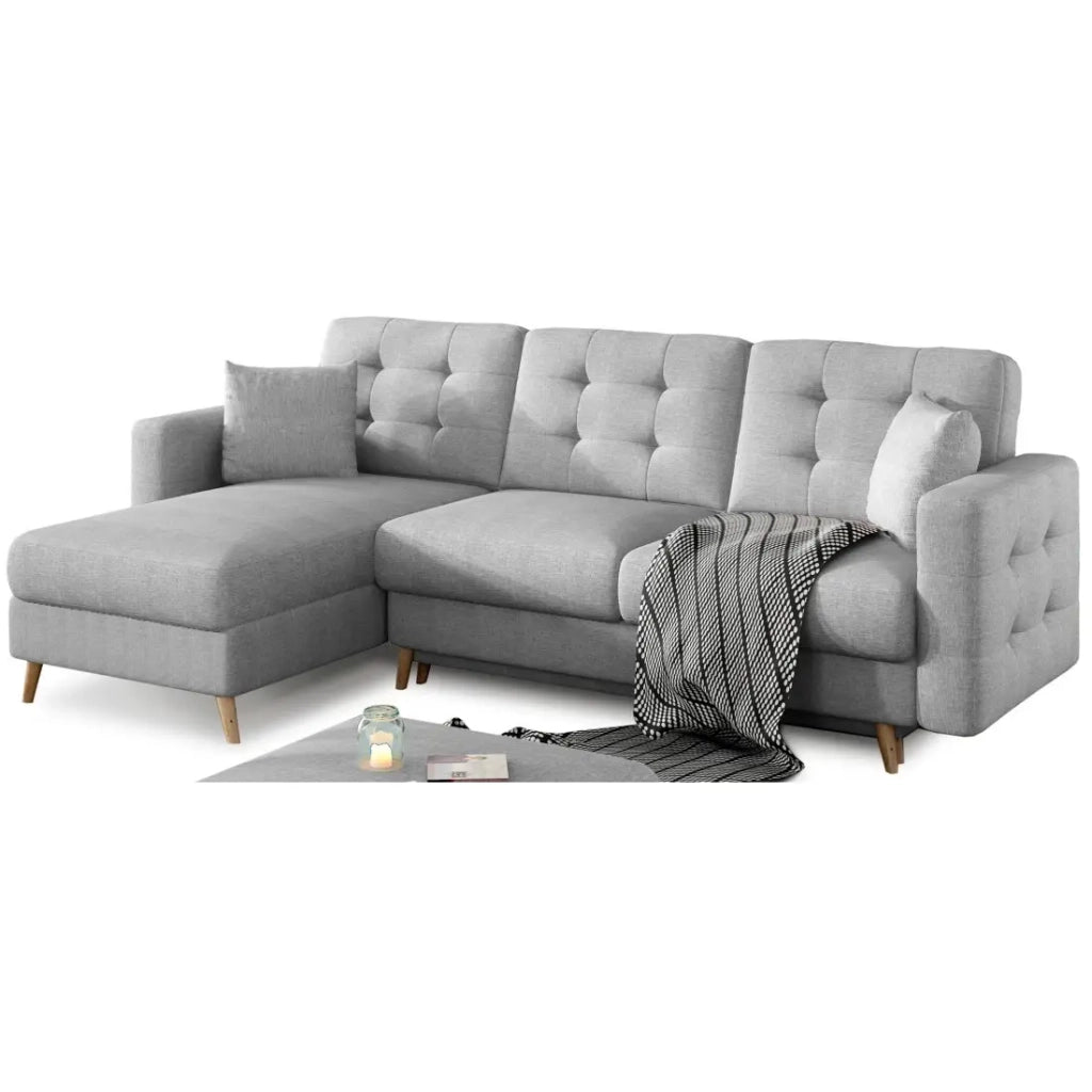 Divano angolare convertibile HASGARD 3 posti grigio 248x162 cm - contenitore e piedi in legno
