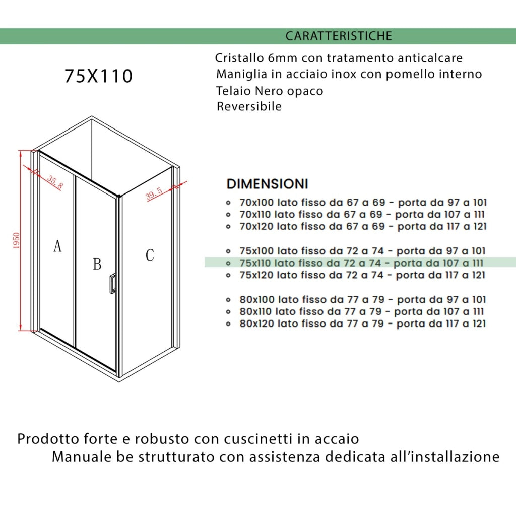 Box doccia due lati apertura scorrevole profili neri 6mm h195 agata, misura 75x110