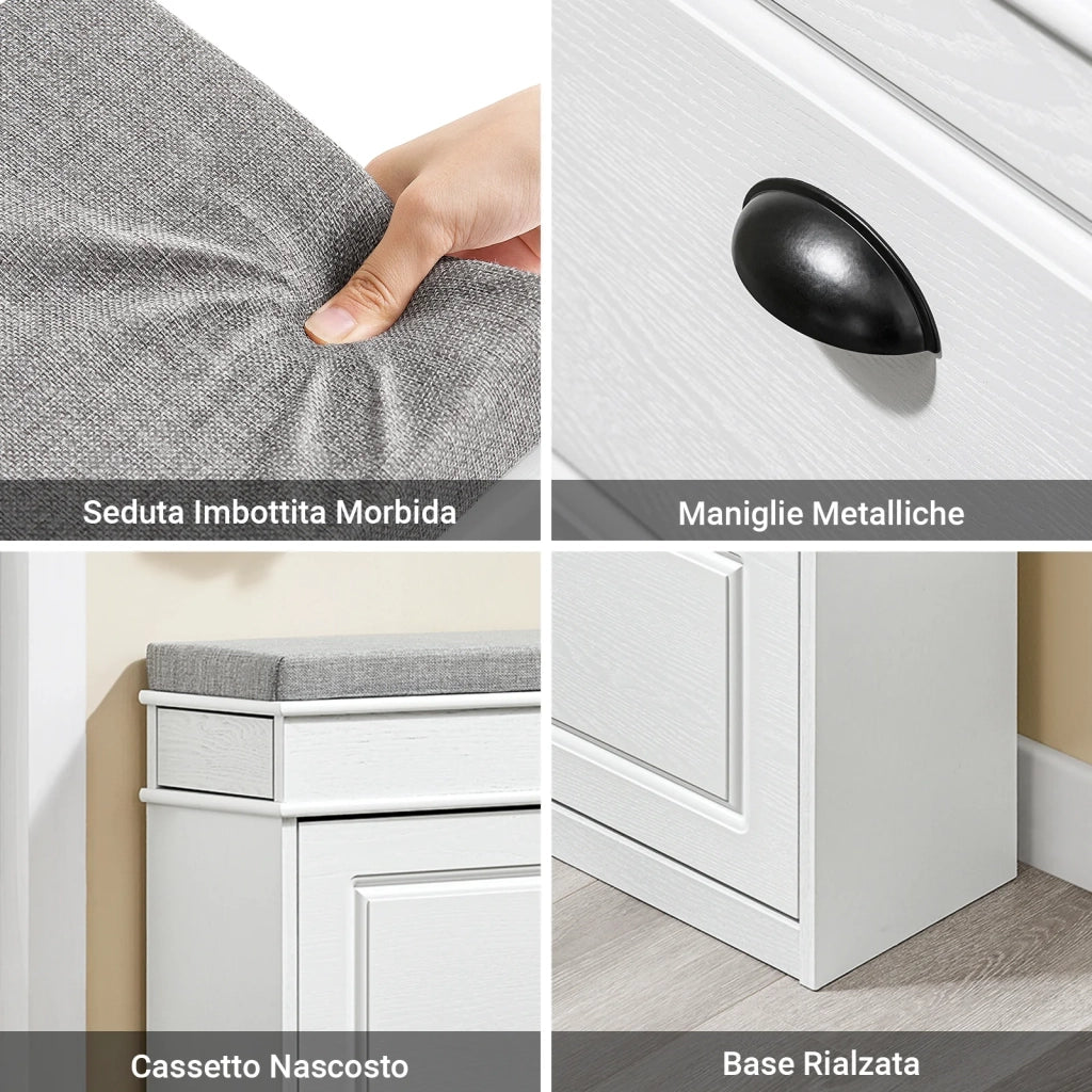 SoBuy FSR82-L-WG Scarpiera Salvaspazio Slim con Seduta Panca Scarpiera da Ingresso Contenitore in Legno Mobile Scarpiera Ingresso per Scarpe, 75x24x51cm Effetto Legno Invecchiato Bianco
