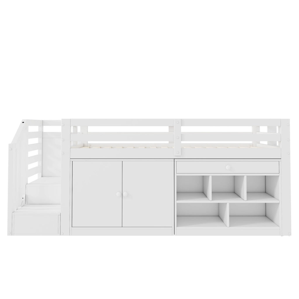 OKWISH Letto Bambino 90×200 cm, Letto Singolo con Scala, Contenitore, Cassetto Reversibile e Scrivania Ribaltabile, senza Materasso, Bianco