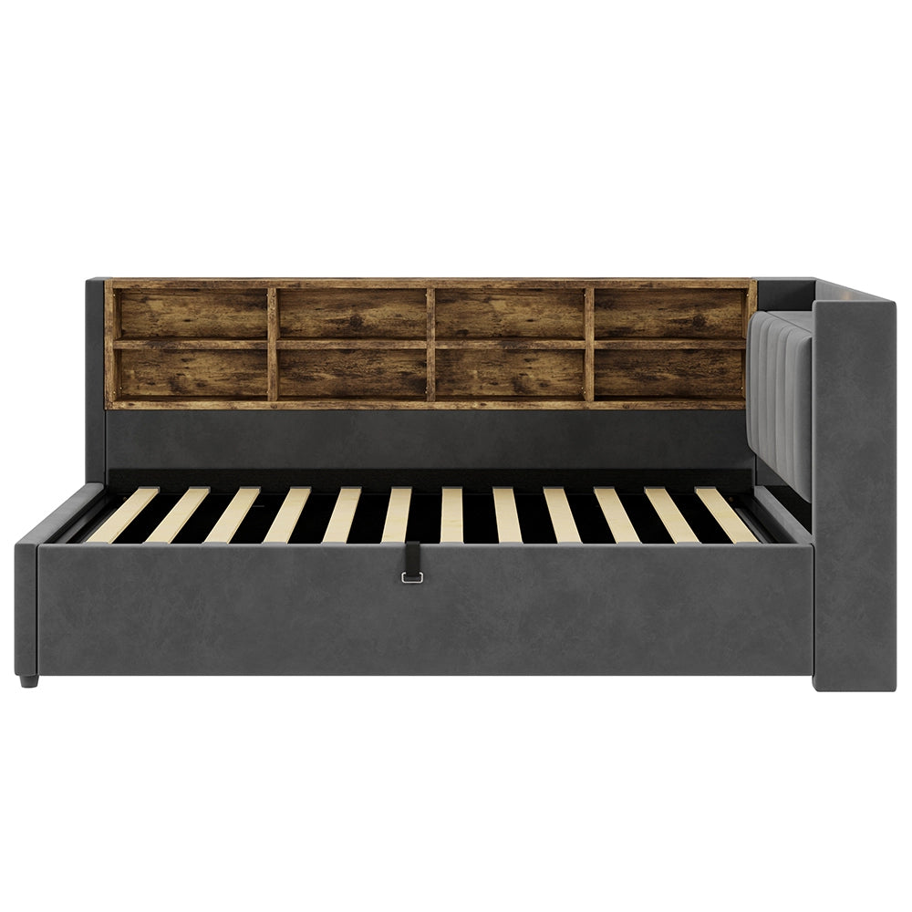 Divano letto-Xylo-90x200 cm-LED, USB-C, ripiani, velluto grigio scuro