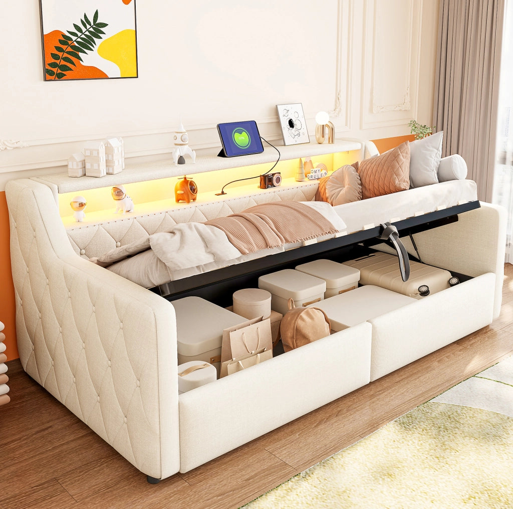 Letto singolo beige 90x200 con LED, vano idraulico e USB-C