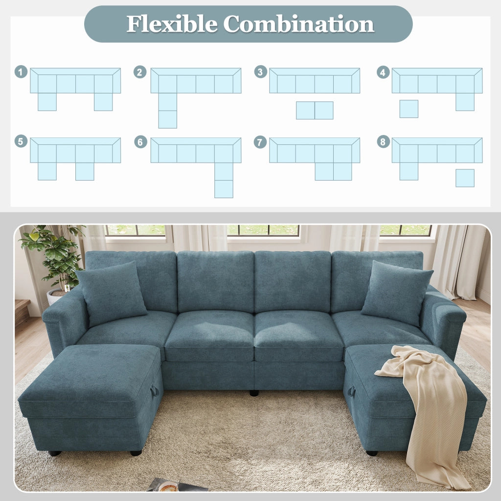 Divano modulare 6 posti con 2 pouf contenitore prese USB e Type-C rivestimento in ciniglia blu 261 × 134 × 82 cm