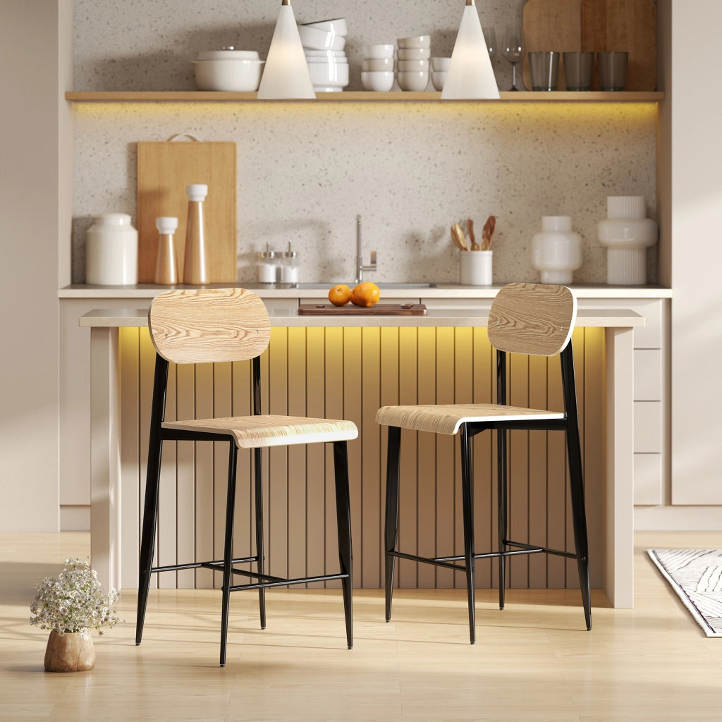 Set 2 Sedie da Bar con Schienale ¨C Zephmum ¨C Legno e Metallo, Colore Chiaro