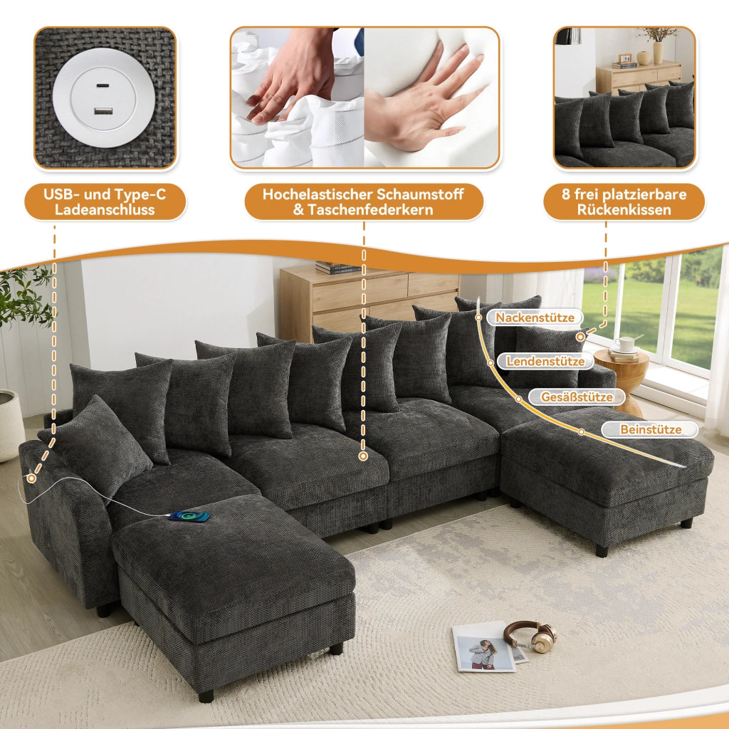 SOFA Modulare a U/L 6 Posti 283x153,5x78,5 cm Chenille Grigio
