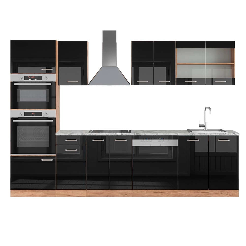 Vicco Cucina componibile Rovere nero/oro lucido 300 cm con armadio alto, PL Marmo