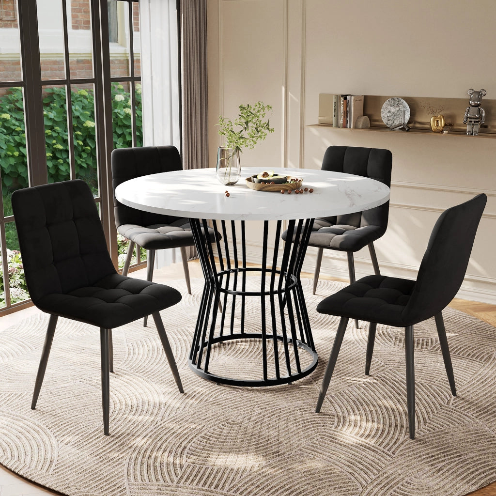Tavolo da pranzo per 4 persone con 4 sedie in velluto, piano rotondo in MDF effetto marmo, per cucina e sala da pranzo