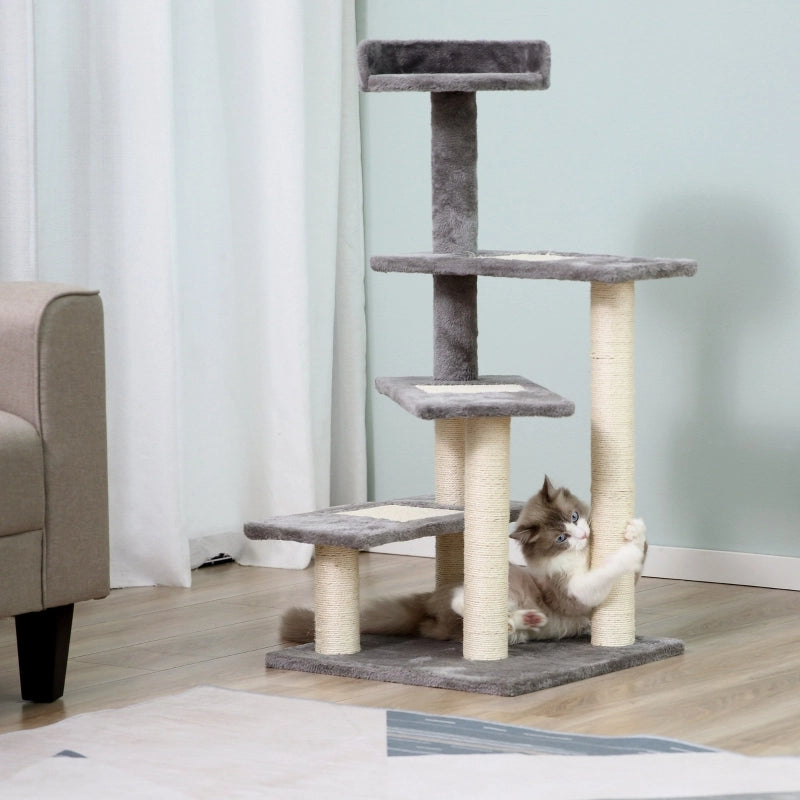 Albero Tiragraffi per Gatti con 3 Scale e Piattaforma Superiore, 48,5 x 48,5 x 100 cm, Beige e Grigio