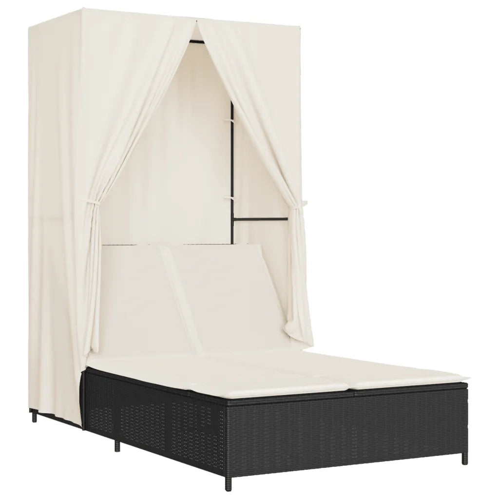 Lettino Prendisole con Tetto e Tende Nero in Polyrattan 368099