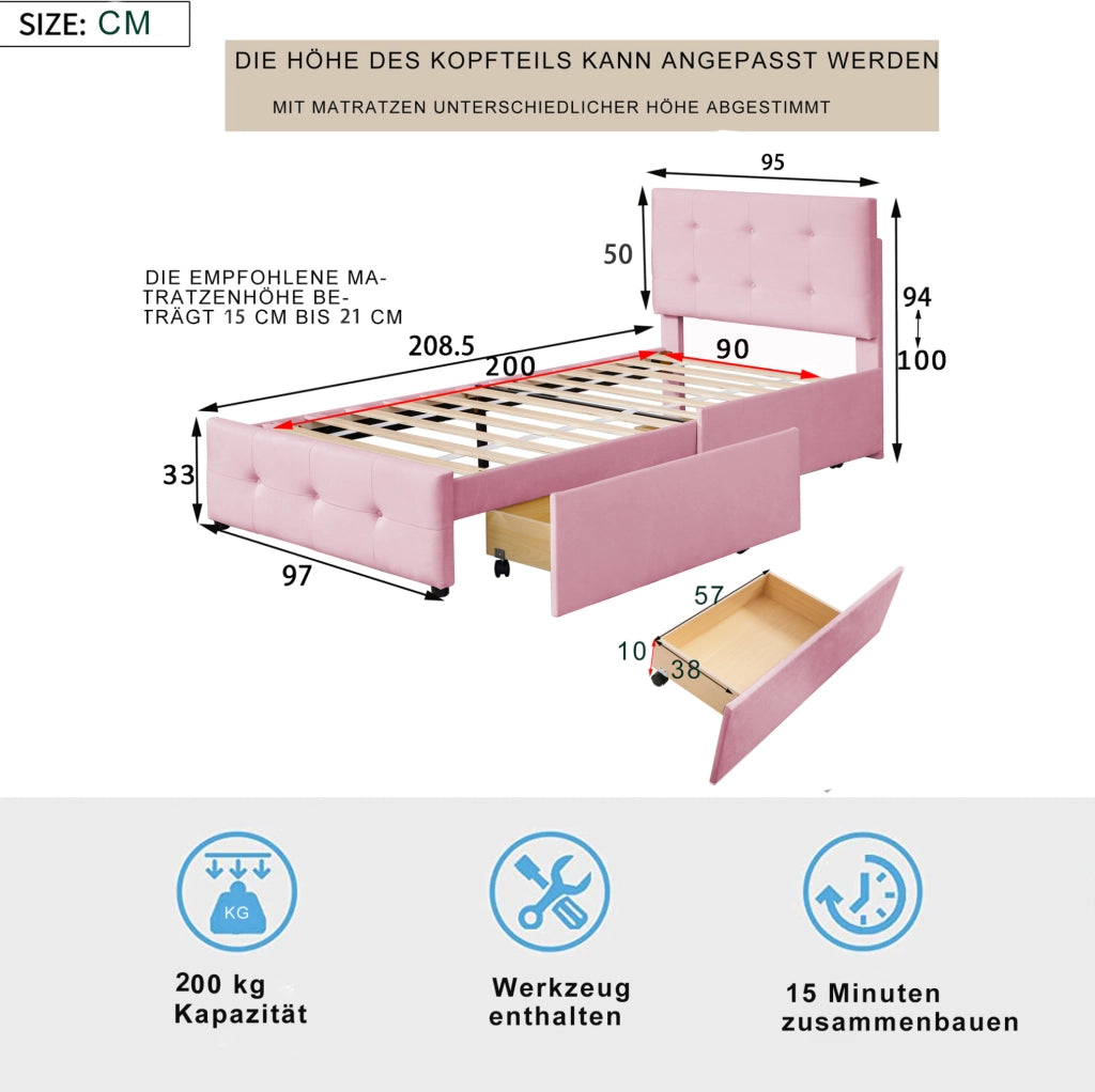 Letto imbottito 90x200 cm con rete a doghe; testiera e cassetto; velluto rosa