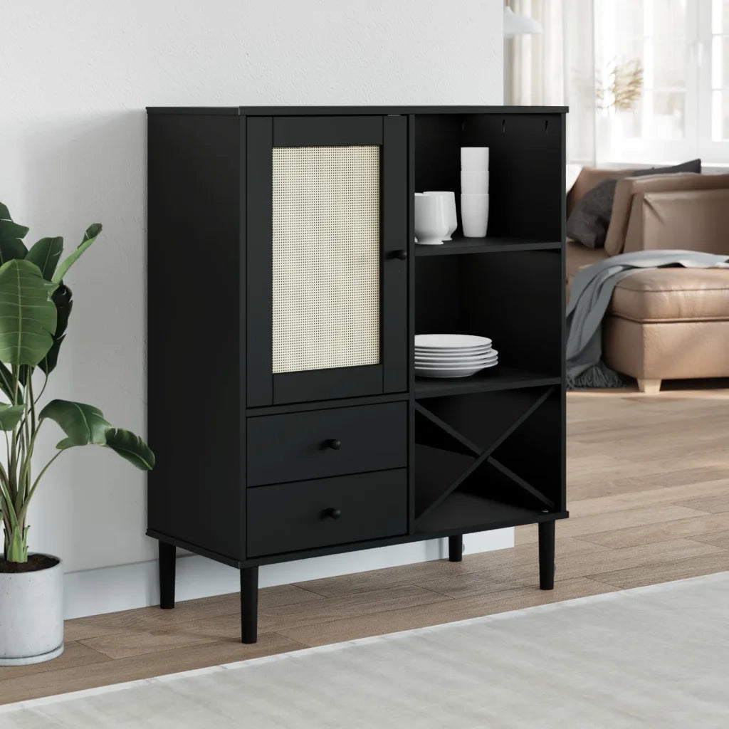 Credenza | Madia | Buffet da pranzo | Armadio da pranzo SENJA Aspetto Rattan Nero 90x40x112 cm Massello Pino