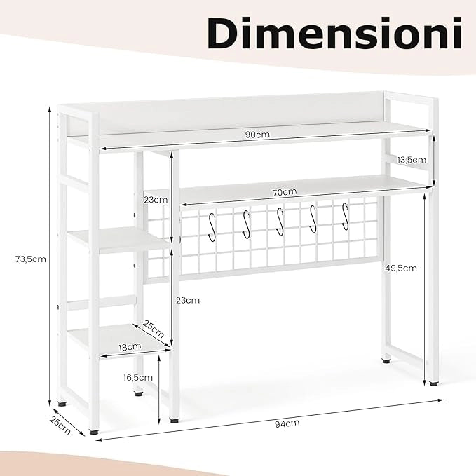 Mensola da Scrivania, Scaffale Espositivo a 4 Ripiani con Pannello a Griglia Metallica e 6 Ganci, Organizzatore da Scrivania per Computer, per Ufficio Casa Dormitorio, 94x25x73,5 cm (Bianco)