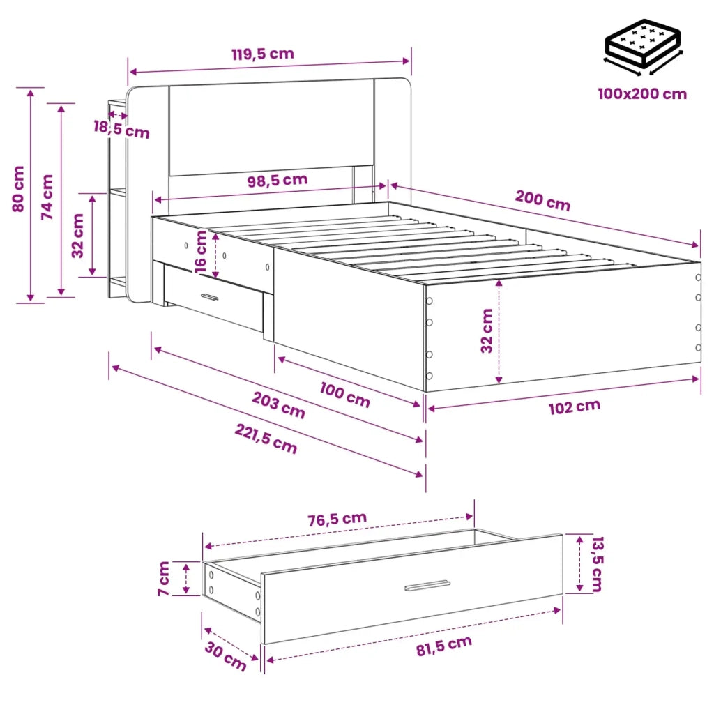 Telaio del letto con storage Sonoma grigio 100 x 200 cm