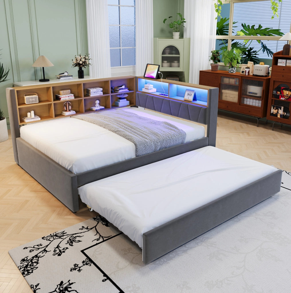 Divano letto multifunzione 140x200 cm con letto estraibile 90x190 cm; LED e porte di ricarica; grigio scuro
