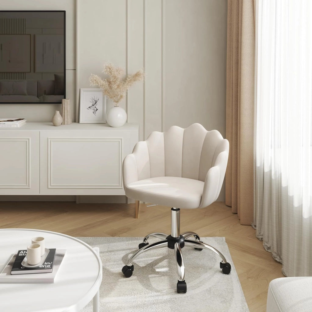 Sedia da Trucco con Schienale a Petalo, Sedia Ufficio con Braccioli e Rotelle, Poltroncina Girevole, Altura Regolabile, Velluto, Crema