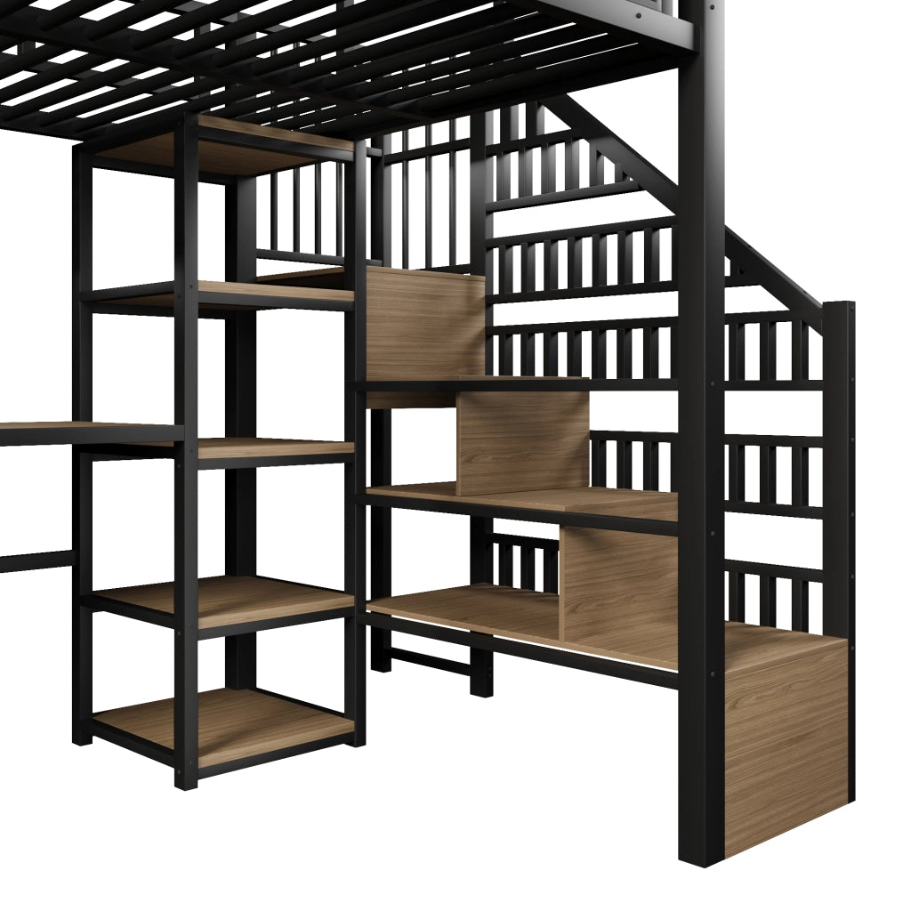 DESMIU Letto a soppalco 140 × 200 cm 1 posto con scrivania, scaffali, LED e USB, senza materasso, nero