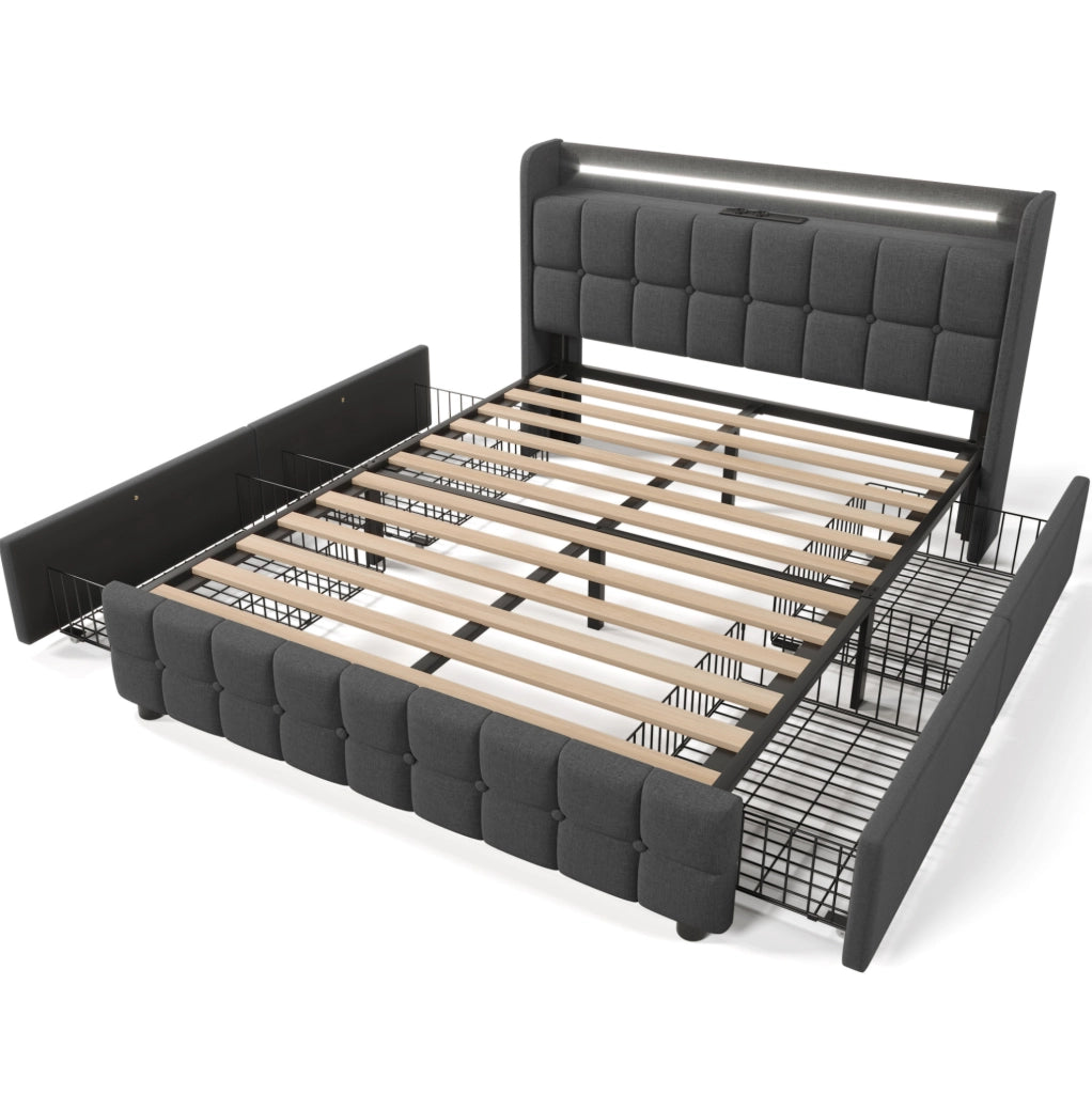 Letto matrimoniale 160x200 cm con LED; USB e 4 cassetti; grigio; con materasso