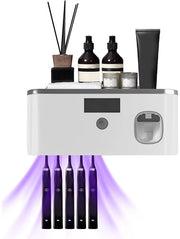 Tappo per spazzola da denti con rilascio di dentifricio, rilascio di dentifricio automatico con 5 compartimenti per spazzole da denti, rilascio di dentifricio a muro, ricaricabile via USB per la zona bagno (grigio)