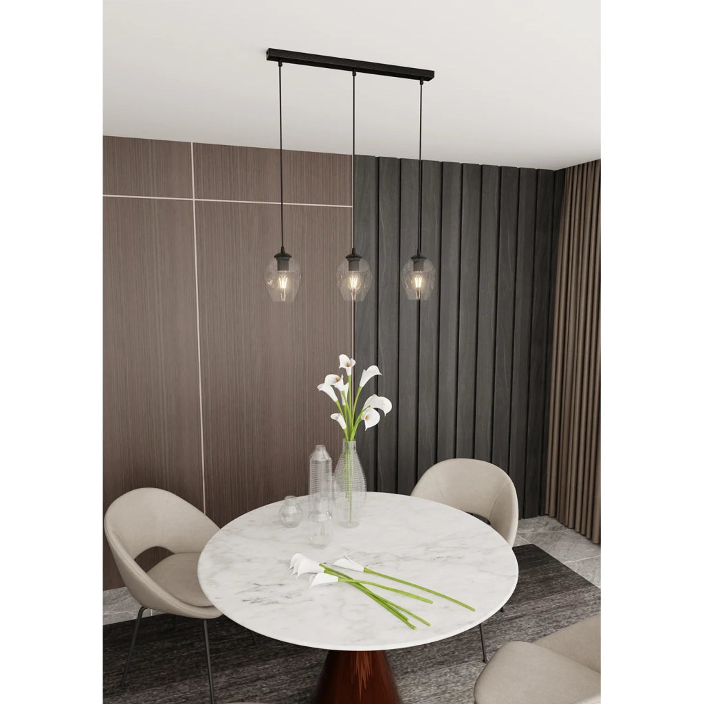 Lampadario 3 Luci Fuxi In Acciaio Nero E Vetri Trasparente