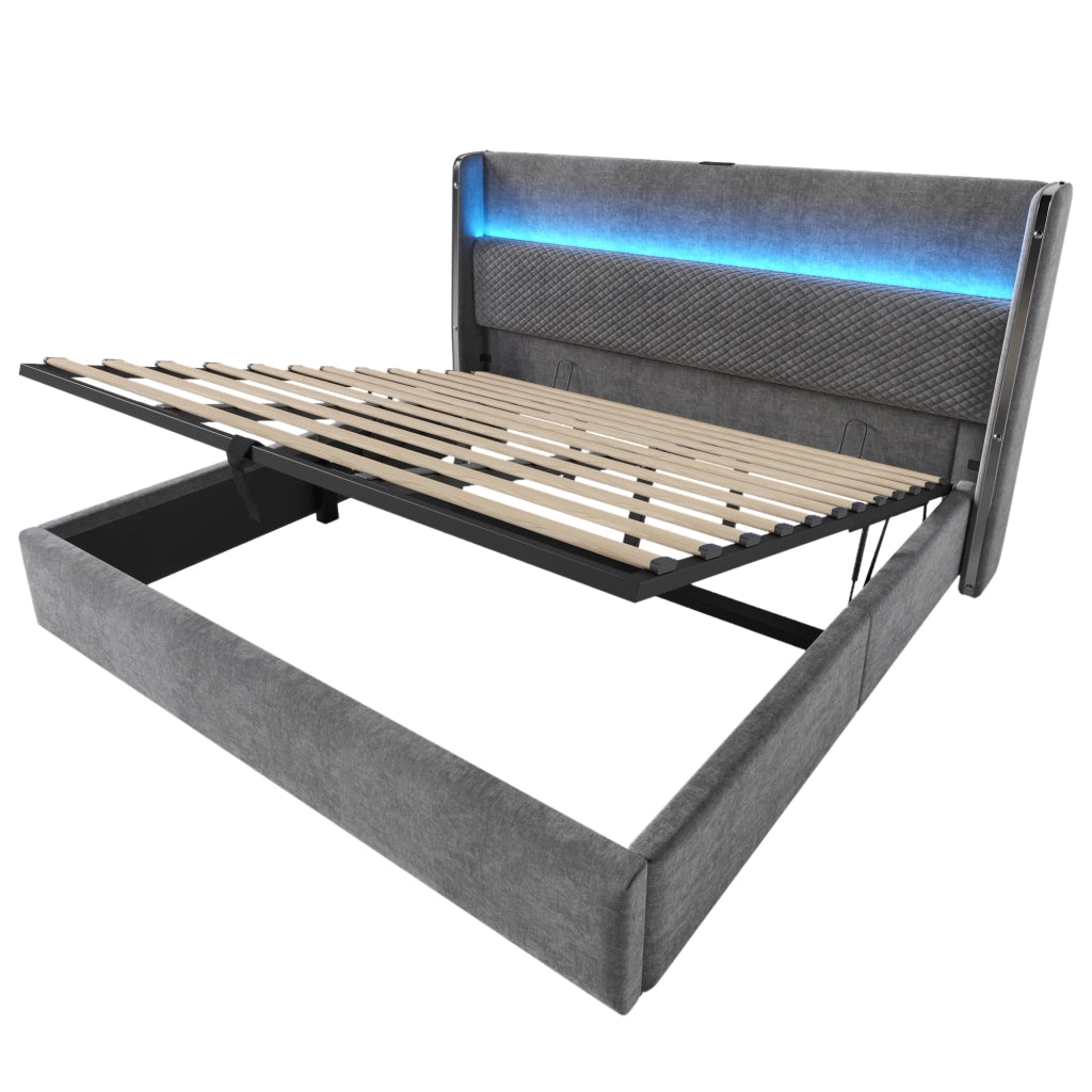 Letto matrimoniale idraulico 180x200 cm con testiera alta, LED, presa USB/Type-C e contenitore, grigio