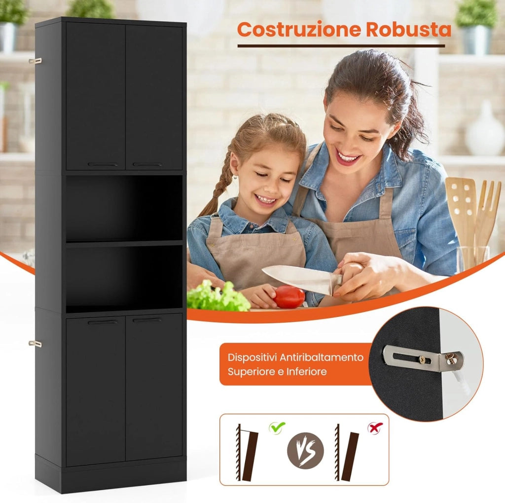 Credenza da Cucina, Mobile Buffet Alto con 2 Armadi a Doppia Porta e 2 Mensole Aperte, per Soggiorno, Cucina e Sala da Pranzo, 56 x 30 x 190 cm (Nero)