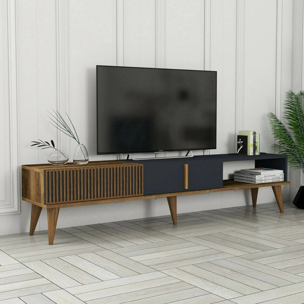 Mobile porta TV Jakuchu, Credenza da soggiorno, Armadio basso per TV, Base parete attrezzata, 180x35h40 cm, Noce e Antracite