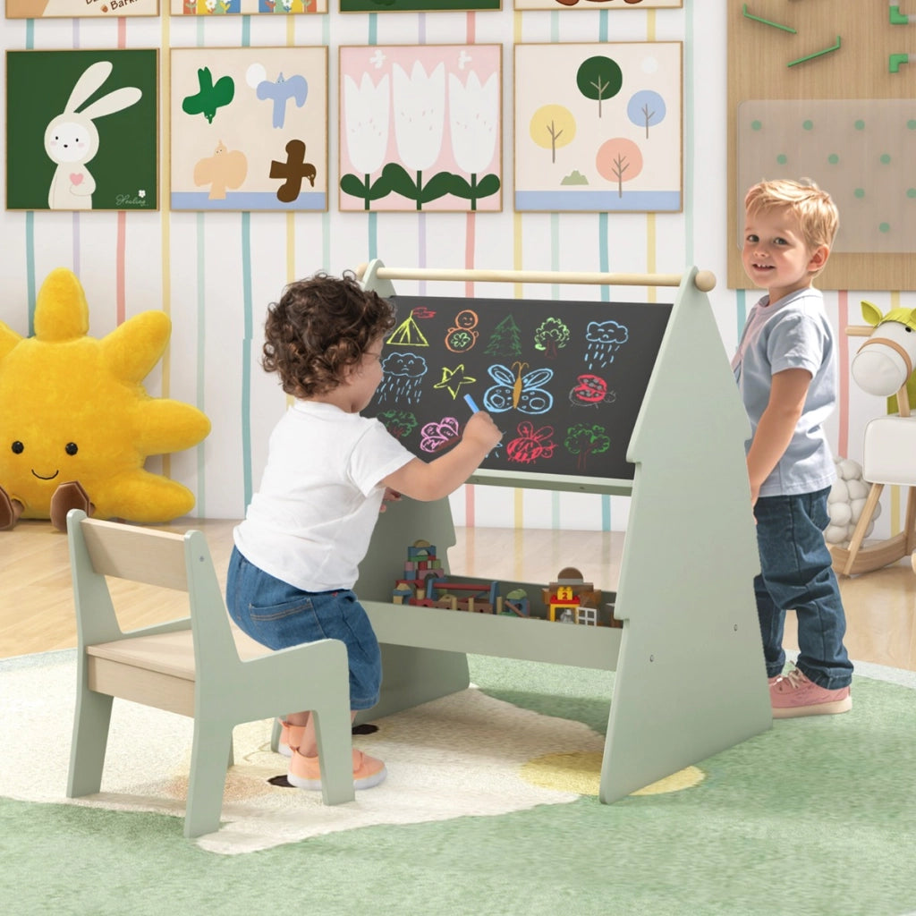 Cavalletto da disegno a forma di albero per bambini con sgabello, Set cavalletto a 2 lati e sedia con scaffale Verde-Cavalletti e lavagne bambini
