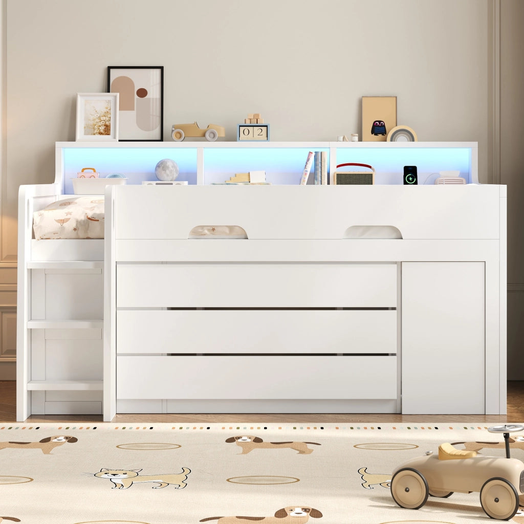 LETTO A SOPPALCO BASSO 90x200 cm bianco con scrivania mobile e 3 cassetti