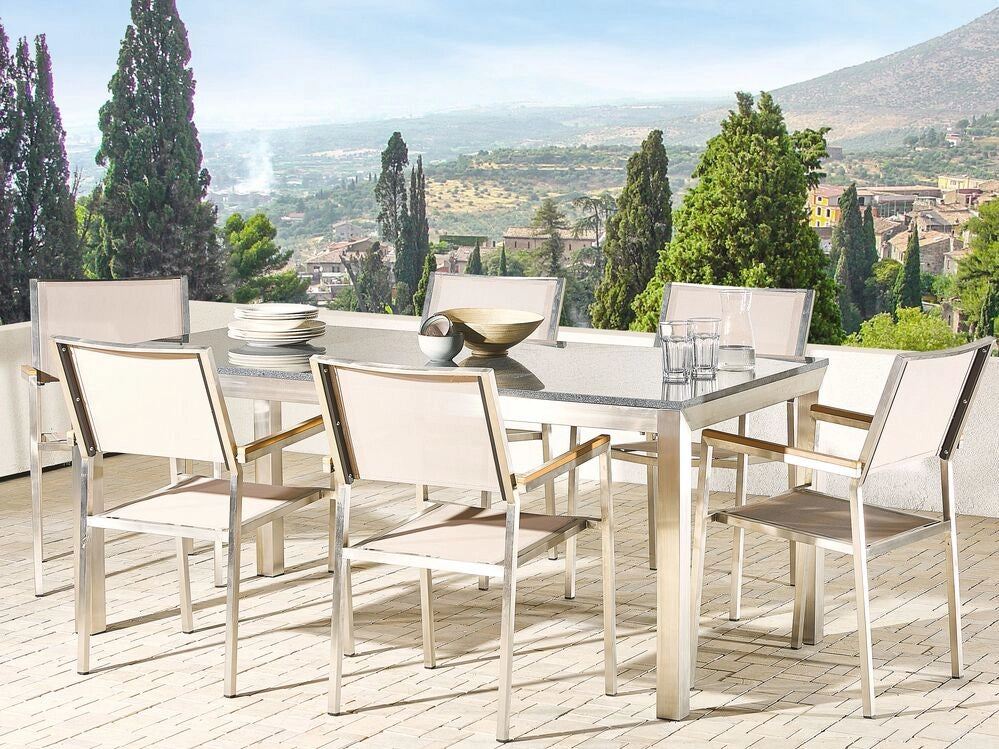 Set da pranzo da giardino beige con piano in granito grigio sedie in rattan 6 posti 180 x 90 cm